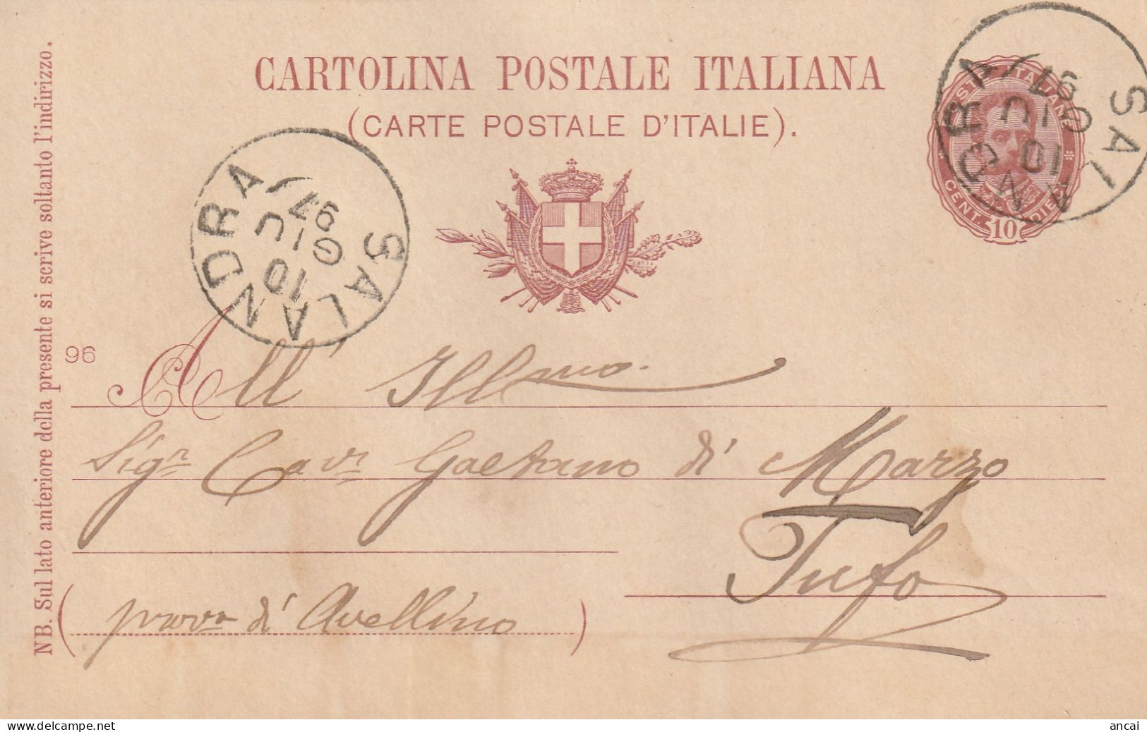 Italy. A213. Salandra. 1897. Annullo Grande Cerchio SALANDRA, Su Cartolina Postale - Marcophilia