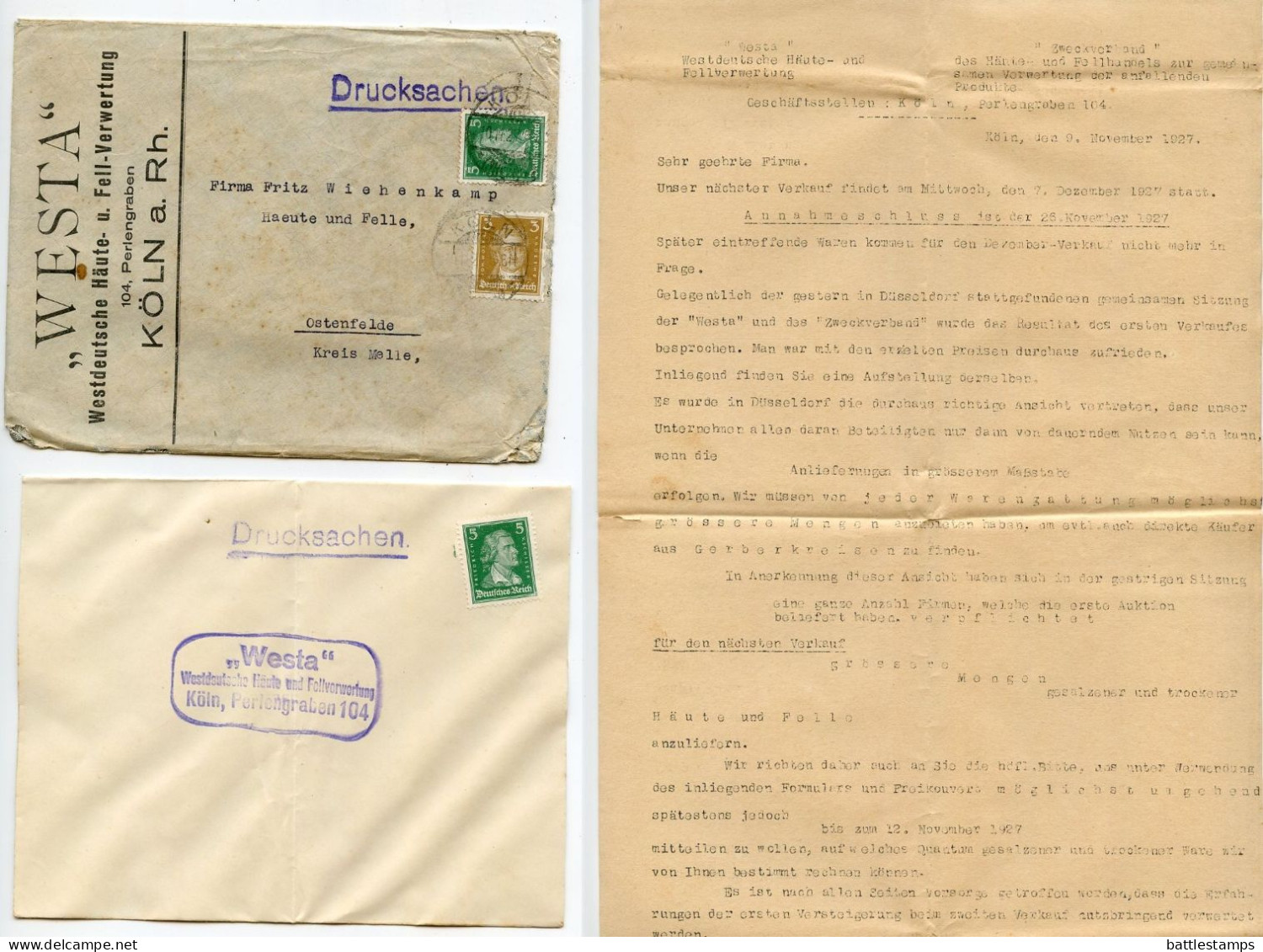 Germany 1927 Cover W/ Letter; Köln - WESTA, Westdeutsche Häute- U. Fell-Verwertung; 5pf. Schiller & 3pf. Goethe - Covers & Documents