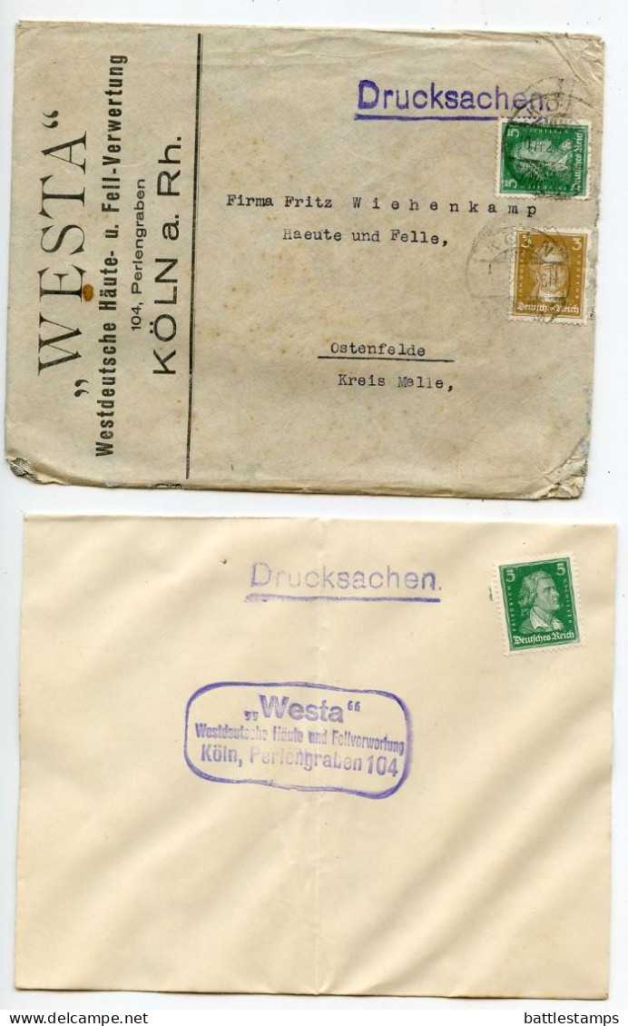 Germany 1927 Cover W/ Letter; Köln - WESTA, Westdeutsche Häute- U. Fell-Verwertung; 5pf. Schiller & 3pf. Goethe - Covers & Documents