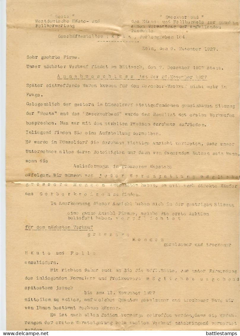 Germany 1927 Cover W/ Letter; Köln - WESTA, Westdeutsche Häute- U. Fell-Verwertung; 5pf. Schiller & 3pf. Goethe - Cartas & Documentos