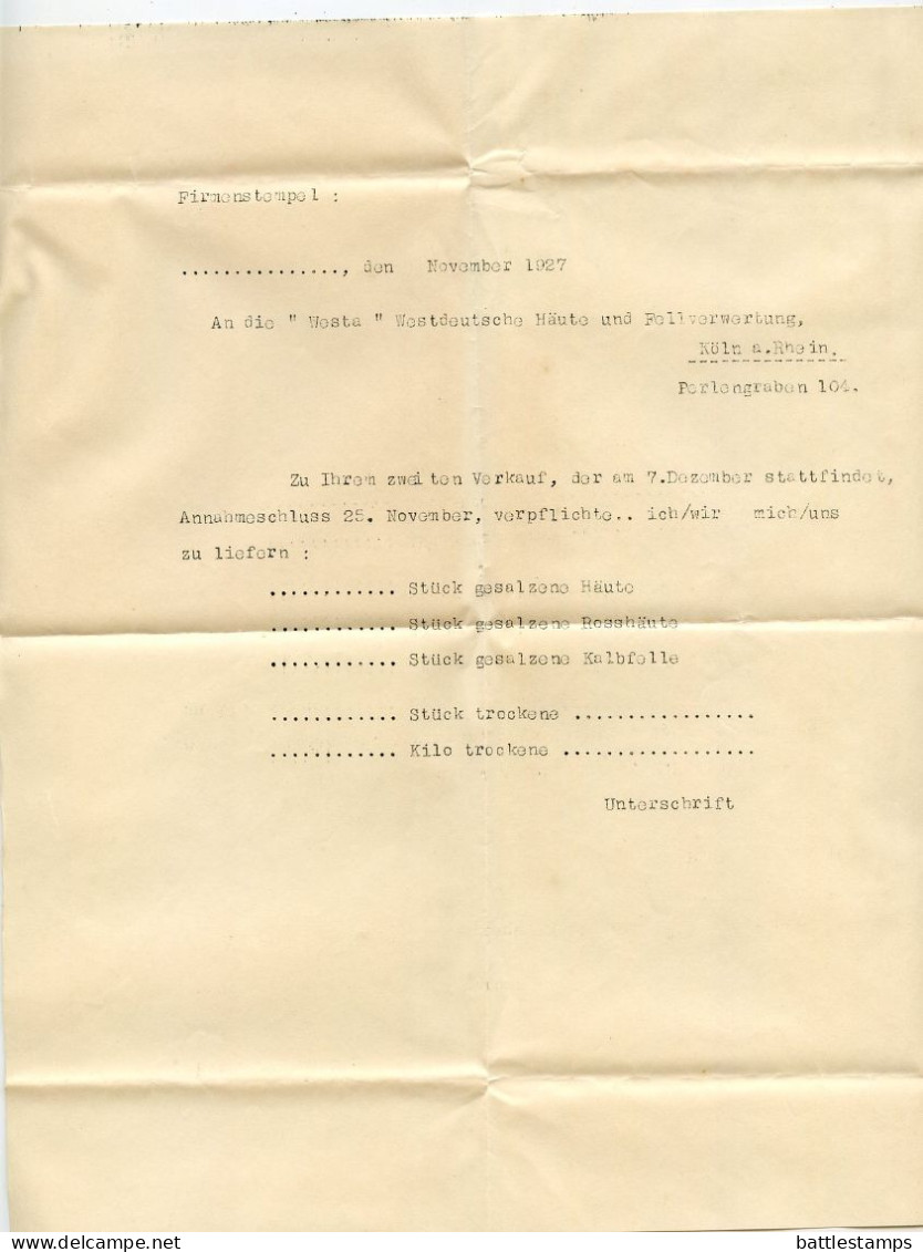 Germany 1927 Cover w/ Letter; Köln - WESTA, Westdeutsche Häute- u. Fell-Verwertung; 5pf. Schiller & 3pf. Goethe