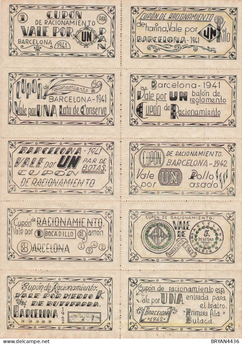 DIVISION AZUL - 1942 - LENINGRAD - RARE BLOC COMPLET - 10 "VIGNETTES COUPON RATIONNEMENT GUERRE" - BARCELONE - Vignettes Militaires