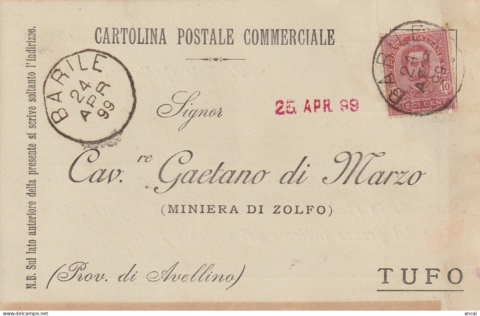 Italy. A213. Barile. 1899. Annullo Grande Cerchio BARILE, Su Cartolina Postale - Storia Postale