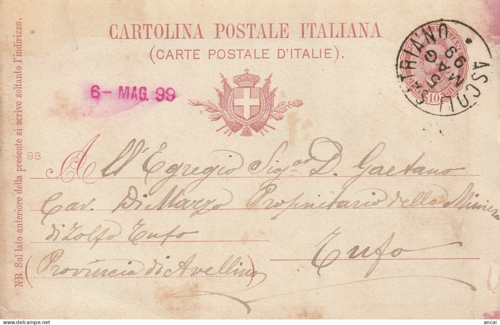 Italy. A213. Ascoli Satriano. 1899. Annullo Grande Cerchio ASCOLI SATRIANO, Su Cartolina Postale - Storia Postale