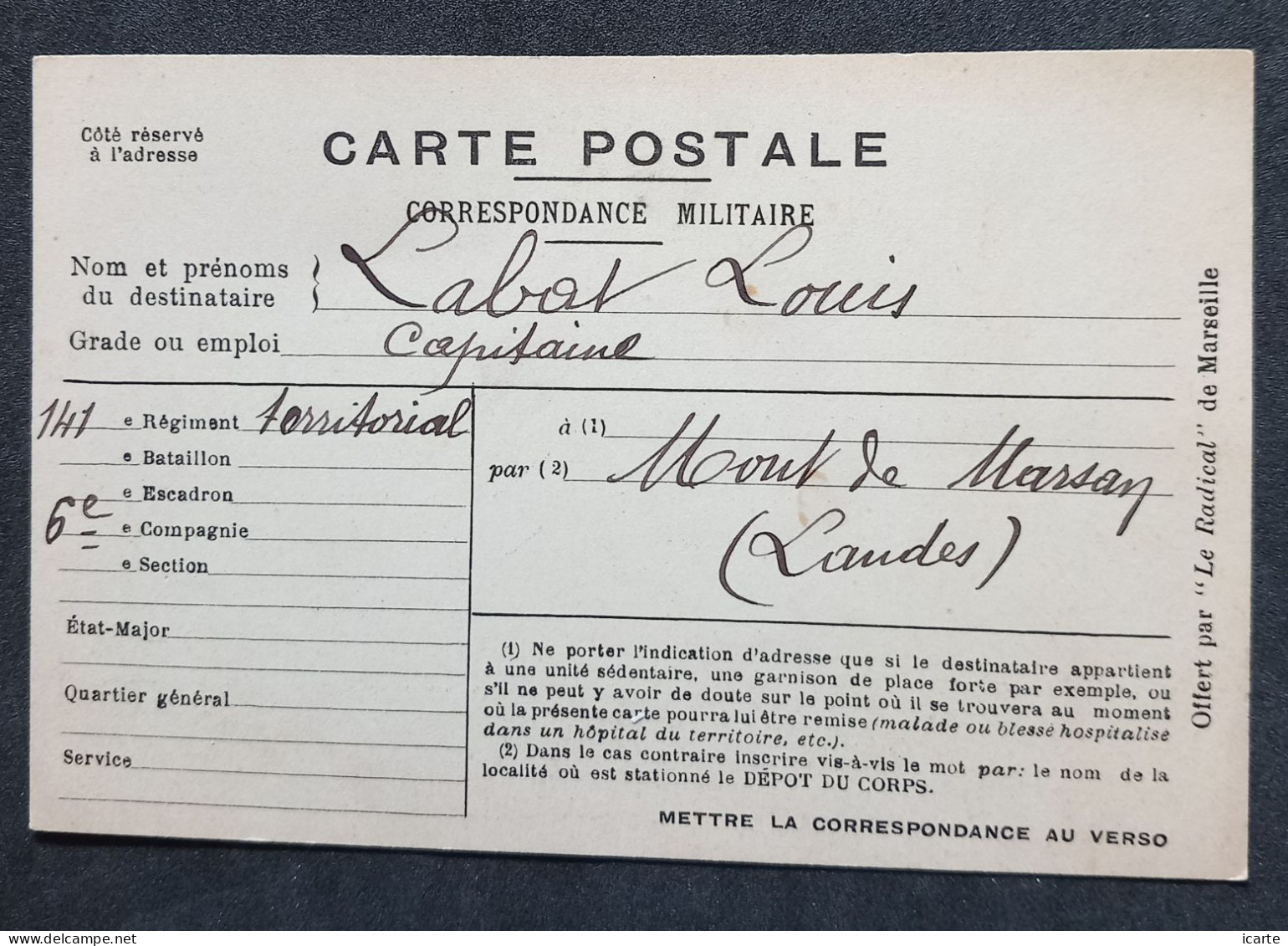 Carte De Franchise Militaire Publicitaire Presse Journal OFFERT PAR "LE RADICAL" DE MARSEILLE - Cartas & Documentos