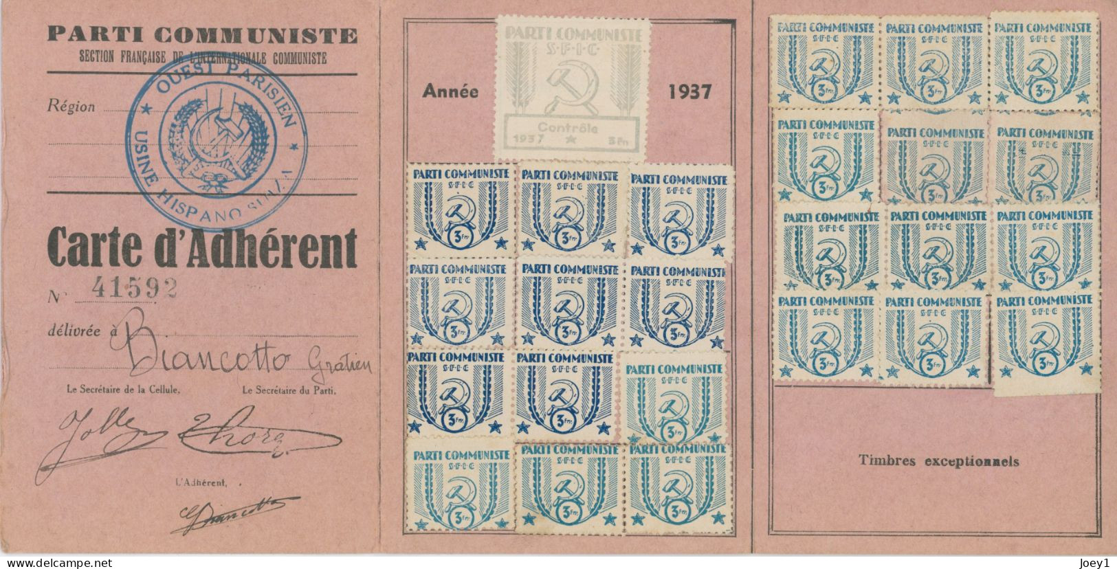 Carte D'adhésion Au Parti Communiste Français En 1937 - Cartes De Membre