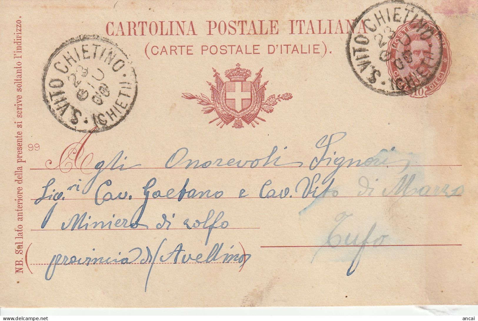 Italy. A213. S. Vito Chietino. 1900. Annullo Grande Cerchio S. VITO CHIETINO (CHIETI), Su Cartolina Postale - Marcofilía