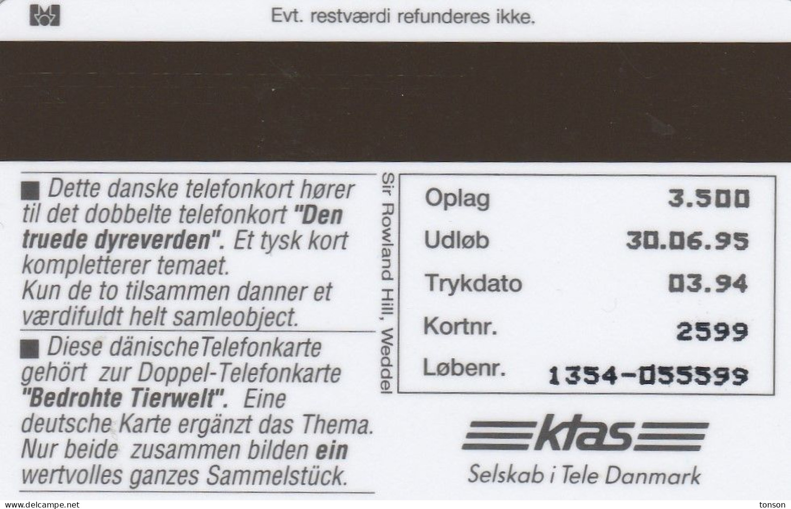 Denmark, KP 073, Rhinoceros (Puzzle 2/2), Mint Only 3500 Issued, 2 Scans. - Denemarken