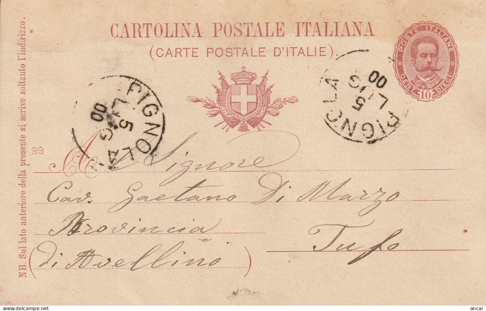 Italy. A213. Pignola. 1800. Annullo Grande Cerchio PIGNOLA, Su Cartolina Postale - Marcophilie