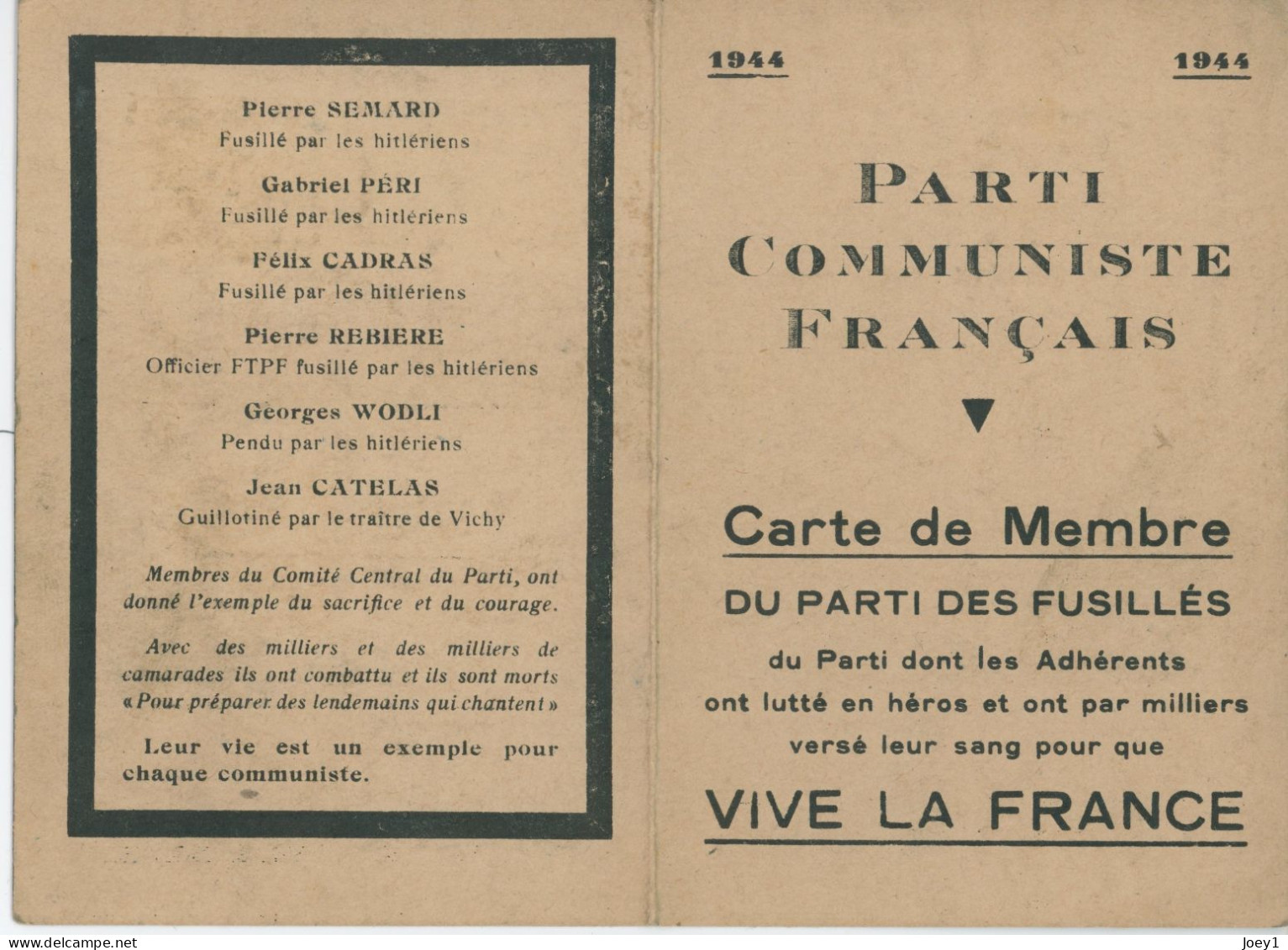Carte D'adhésion Au Parti Communiste Français En 1944 - Tarjetas De Membresía