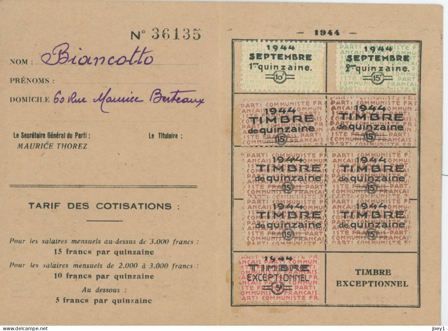 Carte D'adhésion Au Parti Communiste Français En 1944 - Tessere Associative