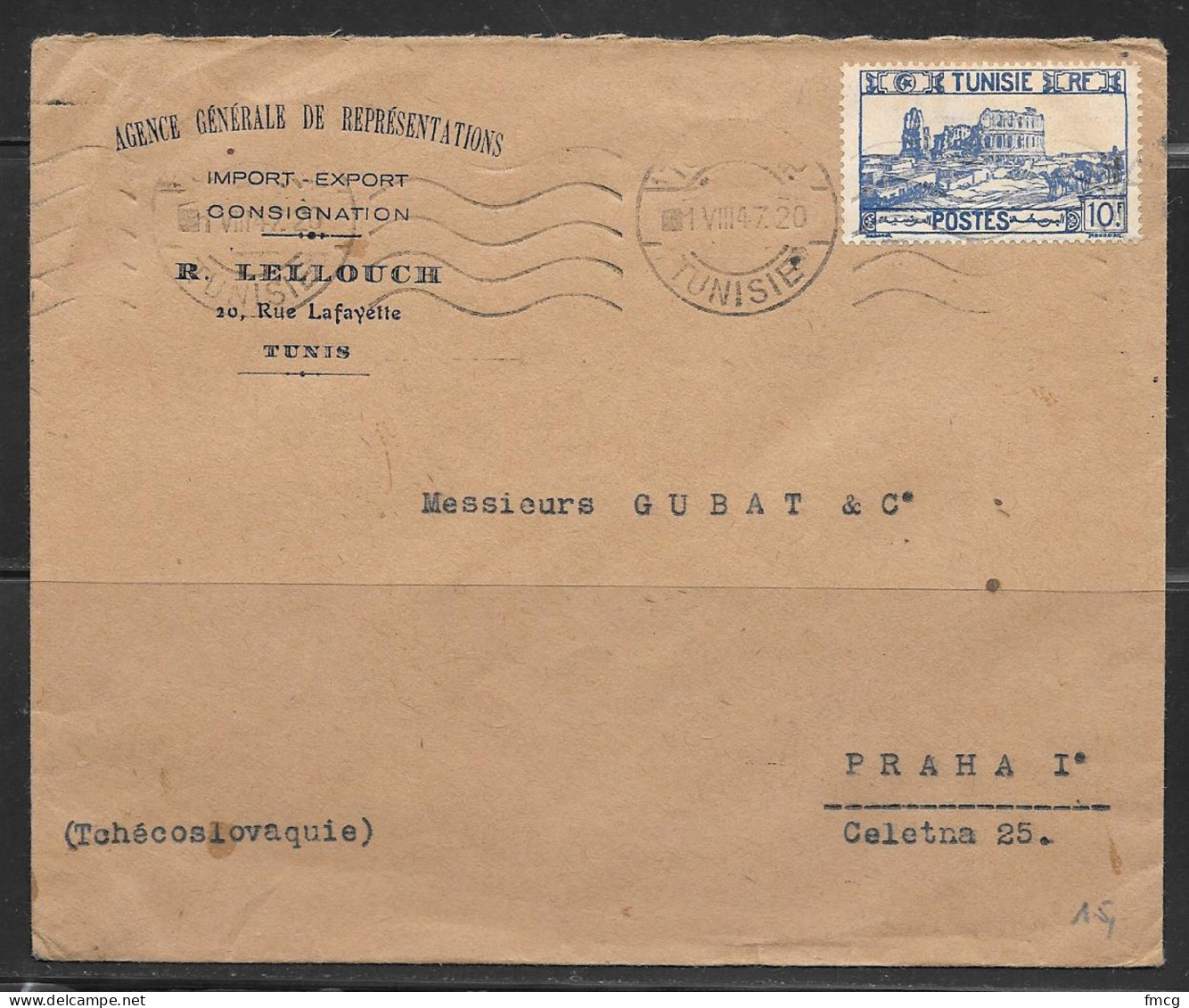 1947 Tunisia (1-VIII) Corner Card To Czechoslovakia - Tunesien (1956-...)