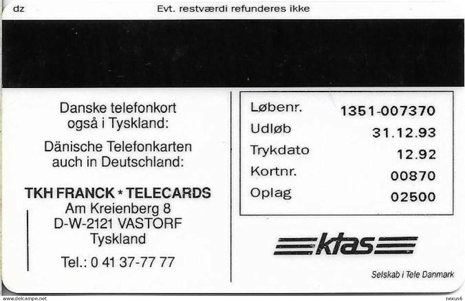 Denmark - KTAS - The First Danish Phonecard - TDKP010 - 12.1992, 5kr, 2.500ex, Used - Dinamarca
