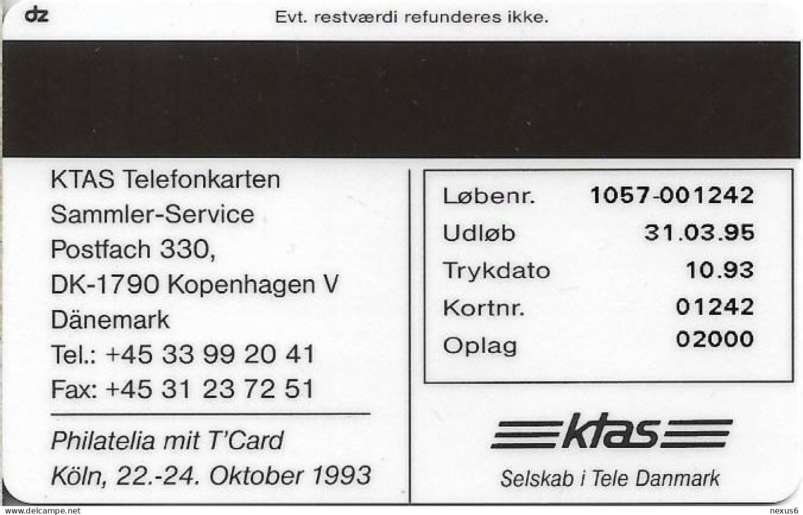 Denmark - KTAS - Philatelia Mit T'card 1993 - TDKP037 - 10.1993, 2.000ex, 20kr, Used - Danemark