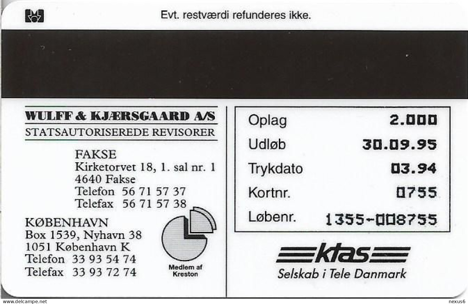 Denmark - KTAS - Wulf & Kjaersgaard - TDKP071 - 03.1994, 2.000ex, 5kr, Used - Dänemark