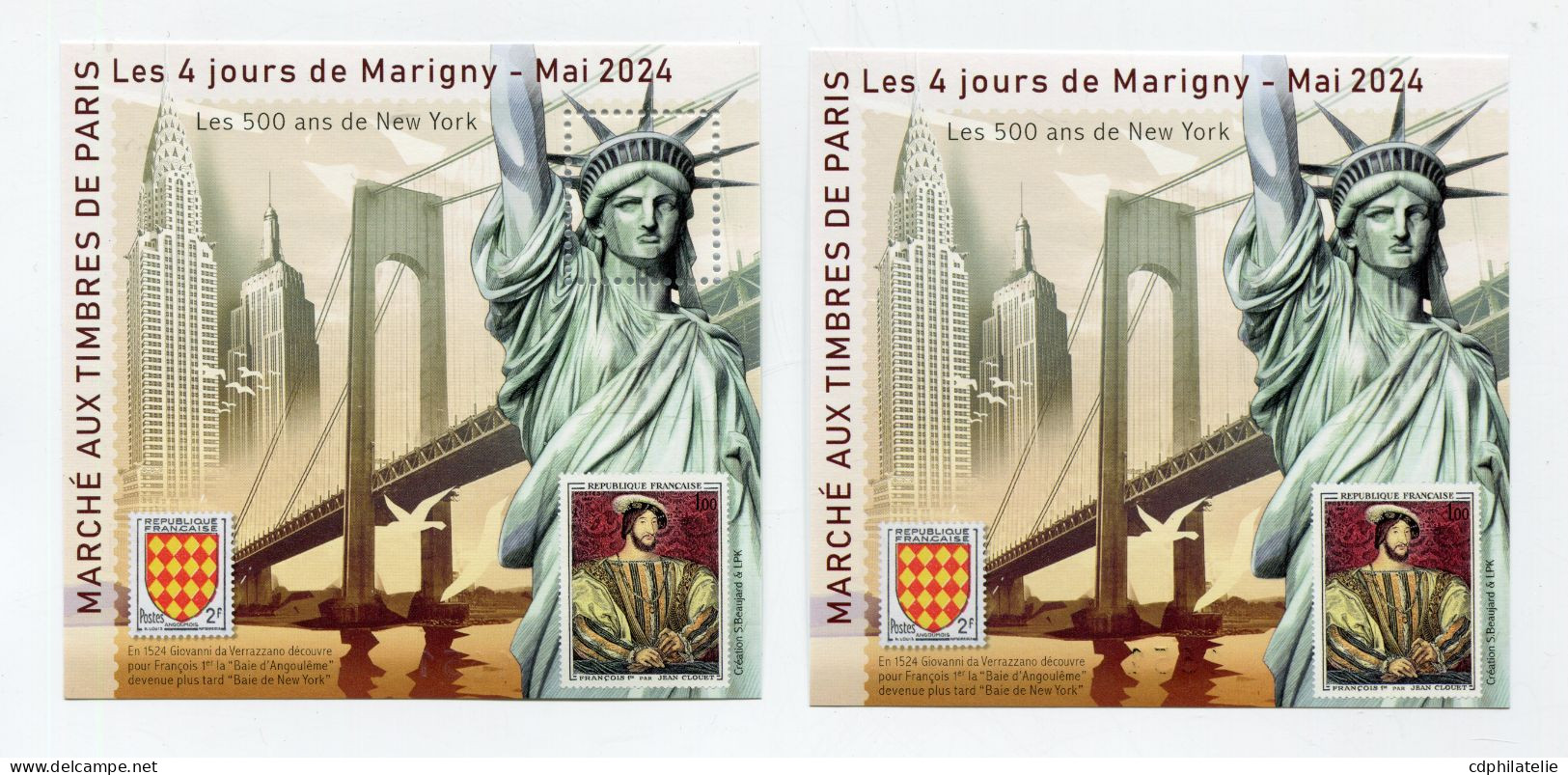 FRANCE BLOC DENTELE ET NON DENTELE DES 4 JOURS DE MARIGNY -MAI 2024 MARCHE AUX TIMBRES DE PARIS LES 500 ANS DE NEW YORK - Carré Marigny