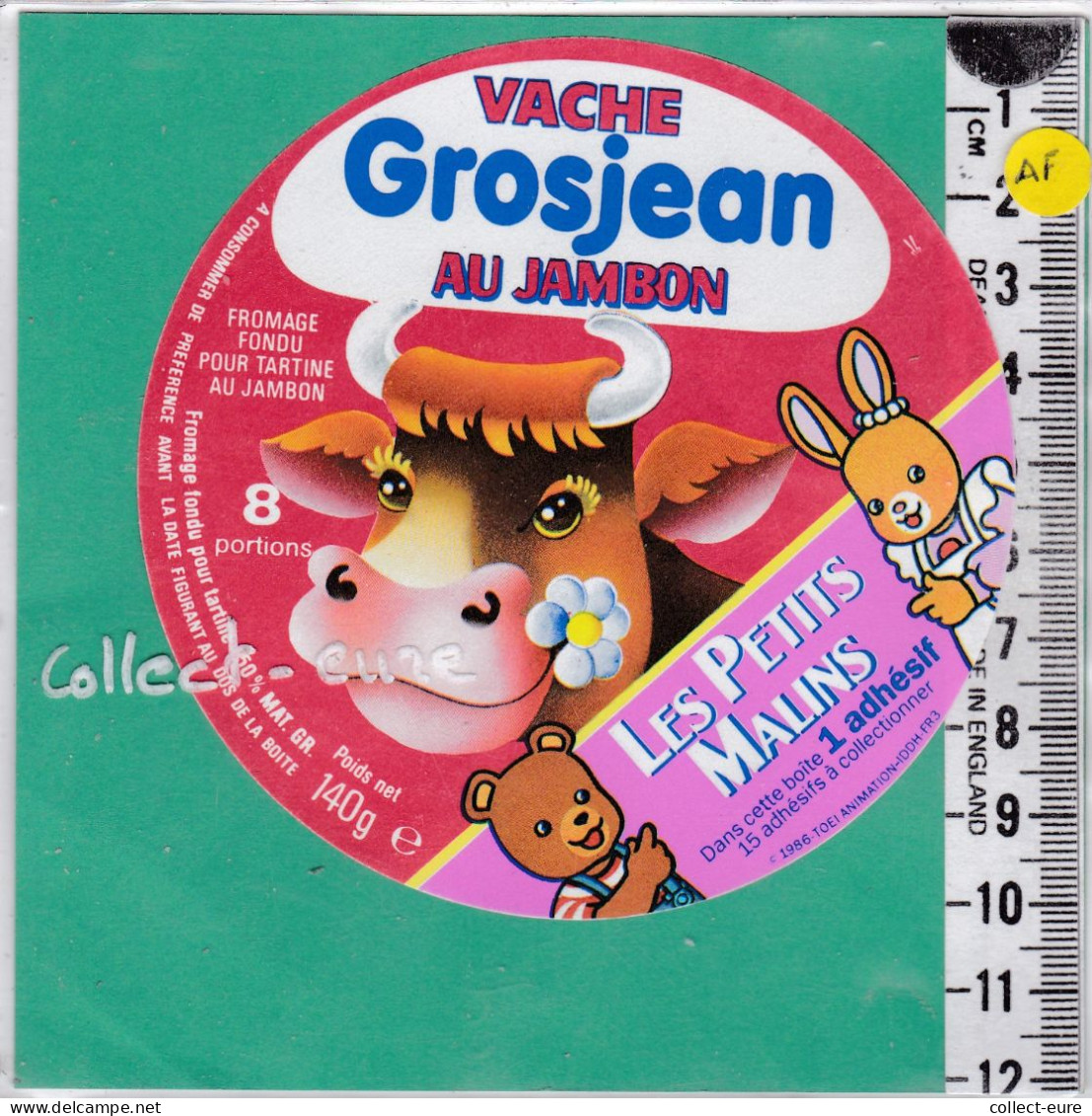 C1293 FROMAGE FONDU VACHE GROJEAN 8 PORTIONS AU JAMBON LES PETITS MALINS LAPIN OURS 1986 140 Gr - Fromage