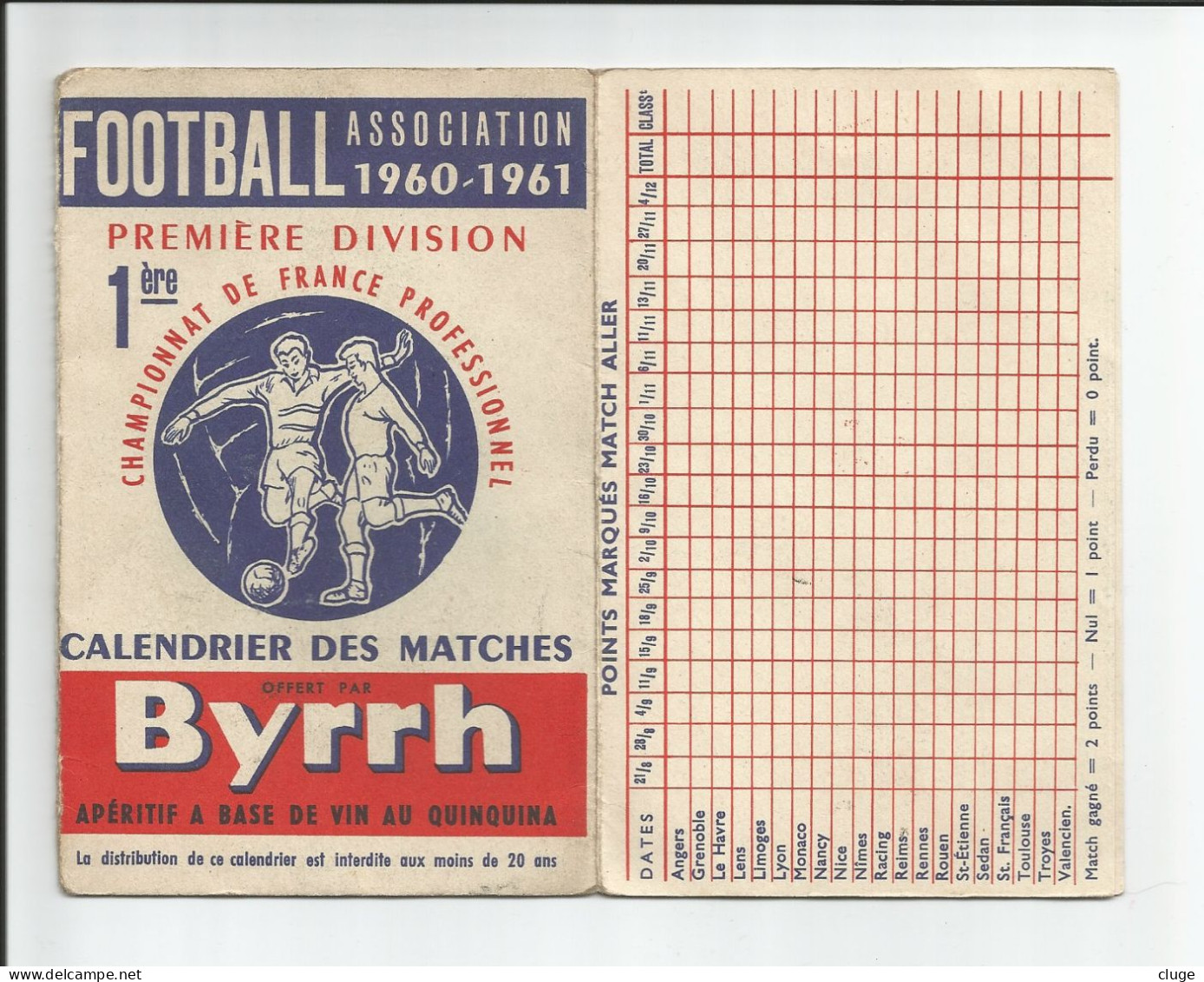 Calendrier Championnat De France De Football De 1 ère Division Saison 1960 - 1961 -  4 ( Scans ) - Petit Format : 1961-70