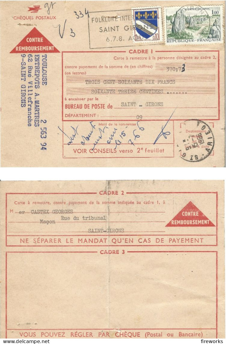 Timbres YT 1440 De 1965 Et 1353 Troyes De 1963 Sur Carte De Contre Remboursement - Usados