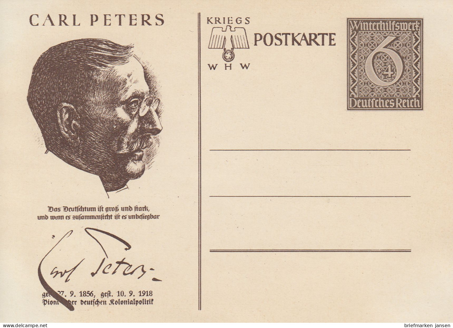 Dt. Reich Mi.Nr. P 285/06 Sonderpostkarte Winterhilfswerk 1939, Carl Peters - Otros & Sin Clasificación