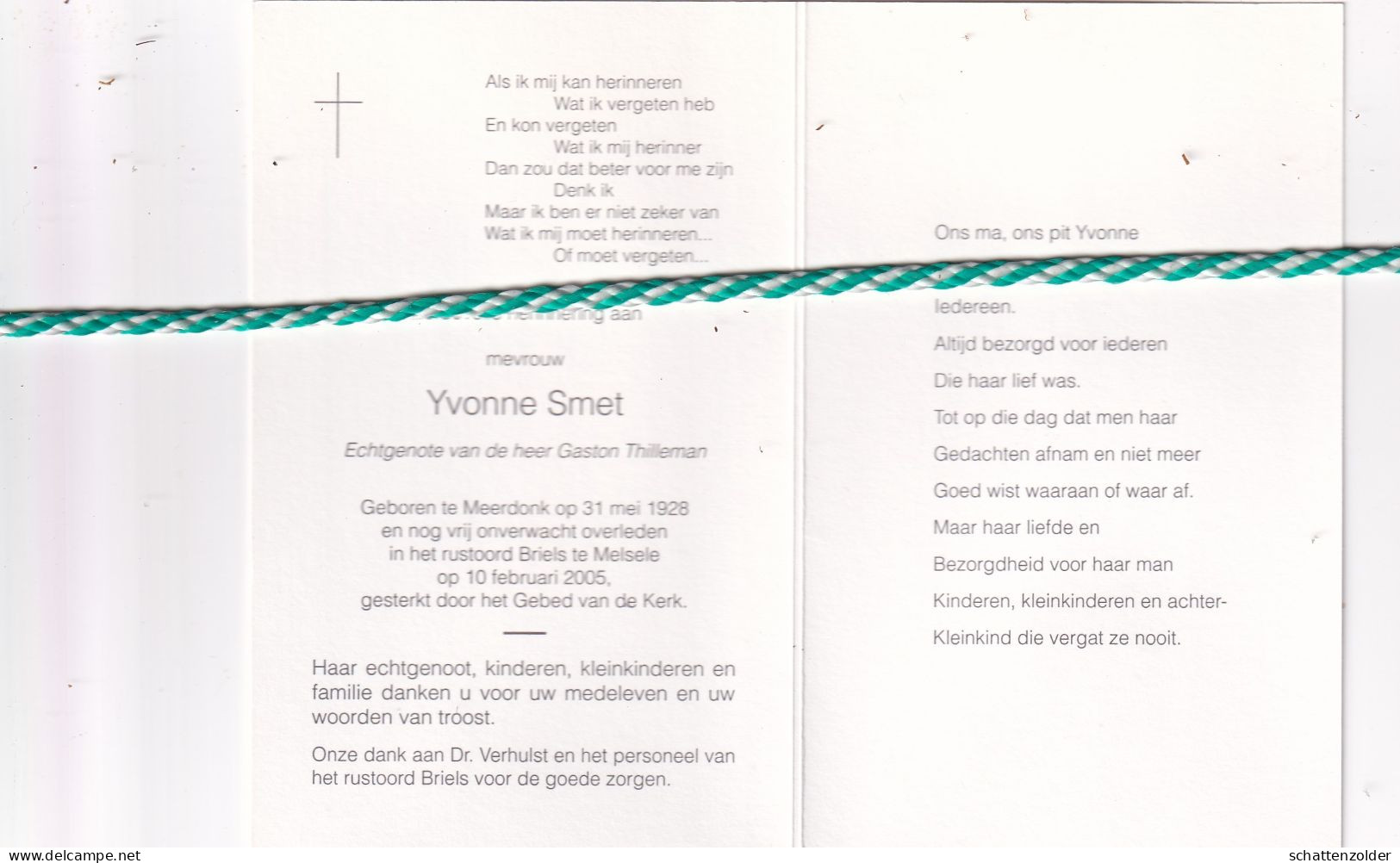 Yvonne Smet-Thilleman, Meerdonk 1928, Melsele 2005. Foto - Obituary Notices