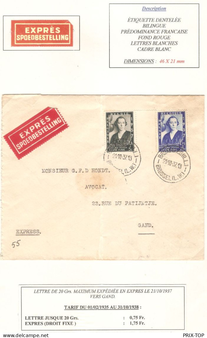 TP 456-457 Reine  Elisabeth Surtaxe S/L. Exprès Obl. BXL QL 21/10/37 > Gand - Lettres & Documents