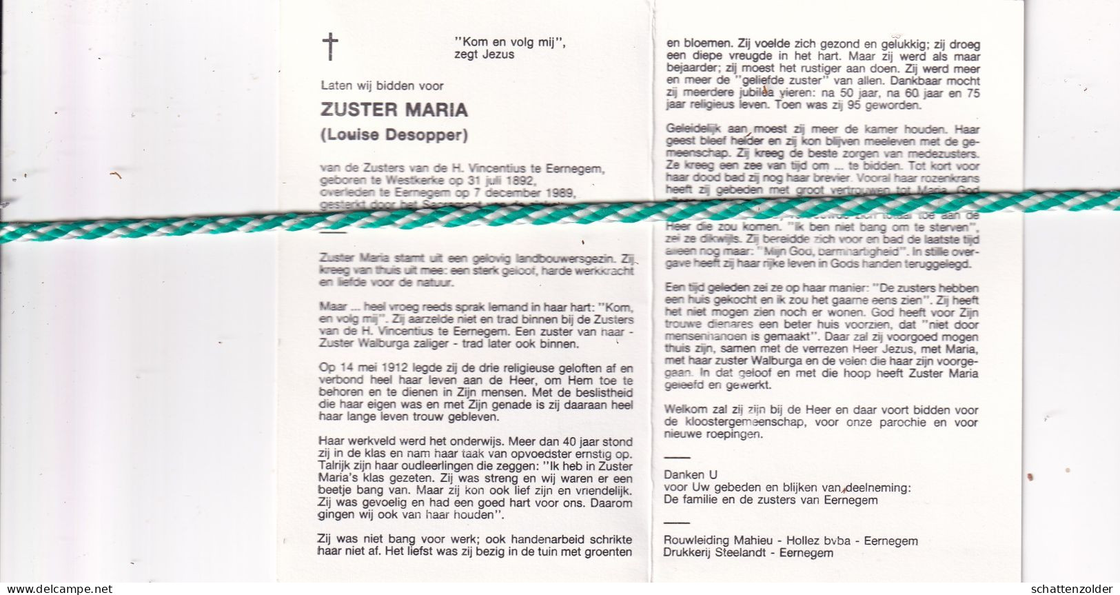 Zuster Maria (Louise Desopper), Westkerke 1892, Eernegem 1989 - Todesanzeige
