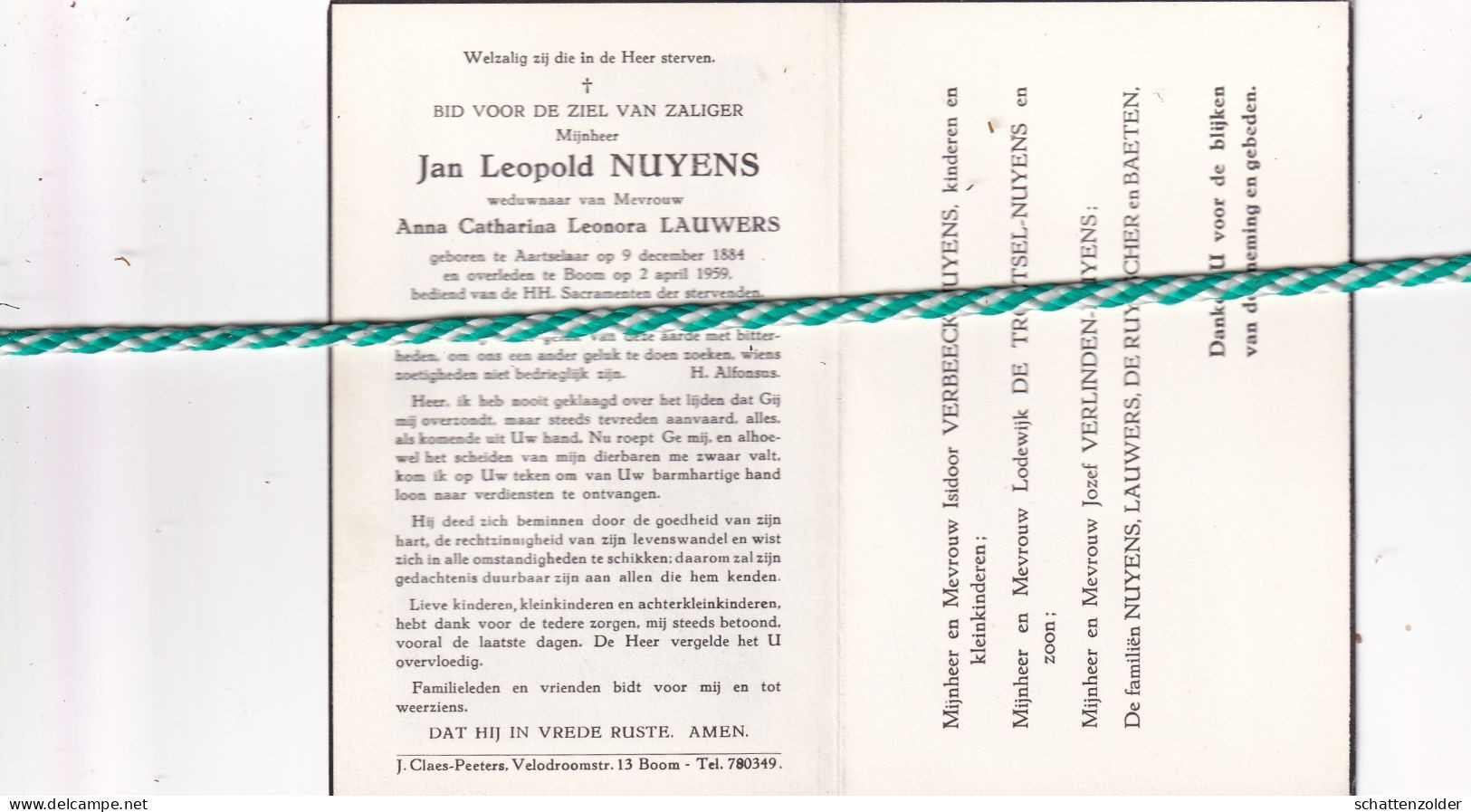 Jan Leopold Nuyens-Lauwers, Aartselaar 1884, Boom 1959 - Obituary Notices