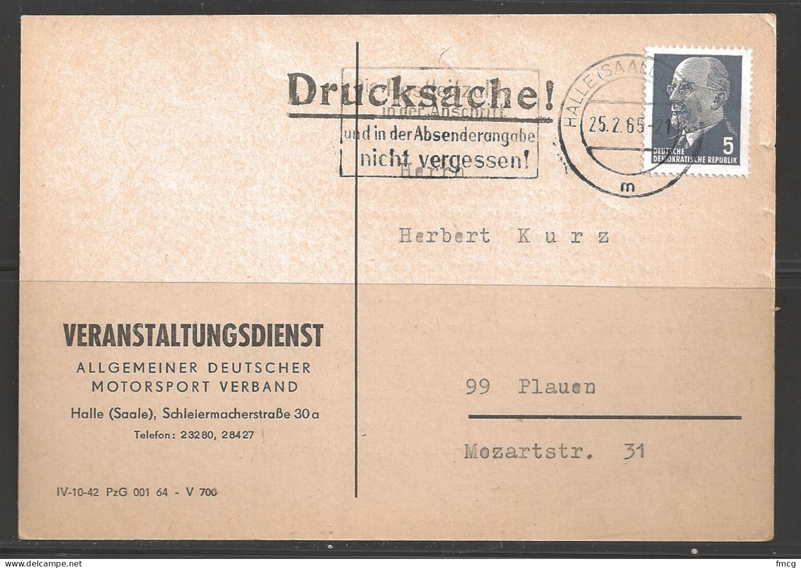 1965 Halle (Saale) 25.2.65, Drucksachel, Veranstaltungsdienst  - Briefe U. Dokumente