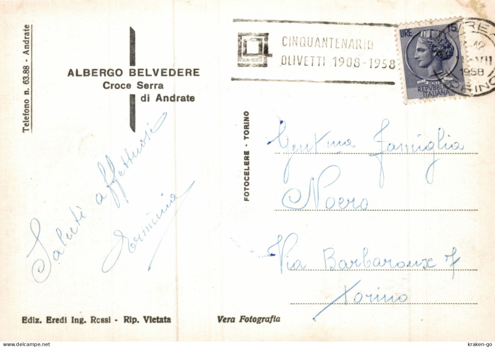 ANDRATE, Torino - Albergo Belvedere - Targhetta Postale Olivetti - #074 - Sonstige & Ohne Zuordnung