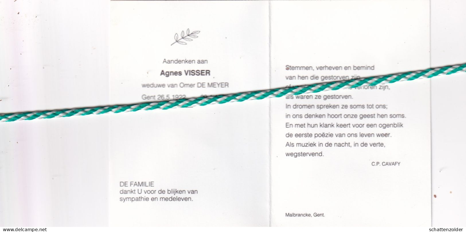 Agnes Visser-De Meyer, Gent 1922, 1994. Foto - Obituary Notices