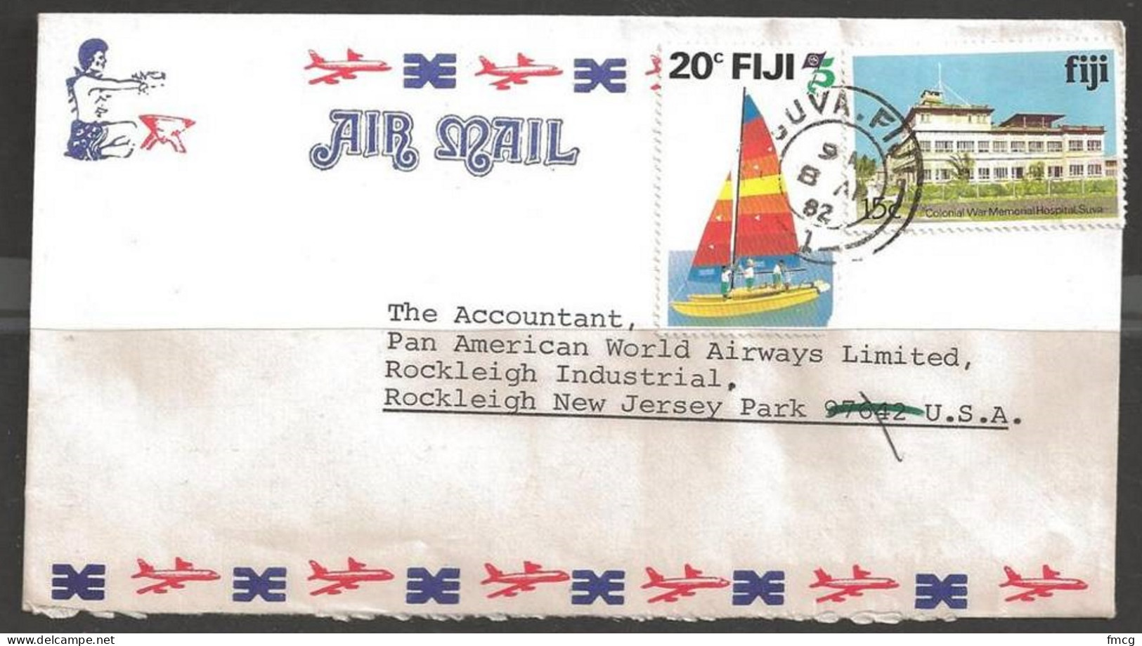 1982 20 Cents Sailboat - Suva (8 Apr) To New Jersey USA - Fidji (1970-...)