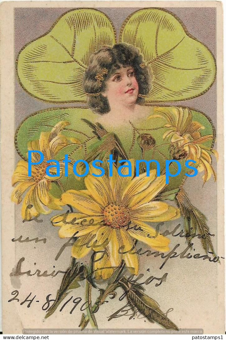 228537 ART ARTE EMBOSSED FACE WOMAN FOUR LEAF CLOVER AND FLOWERS POSTAL POSTCARD - Ohne Zuordnung