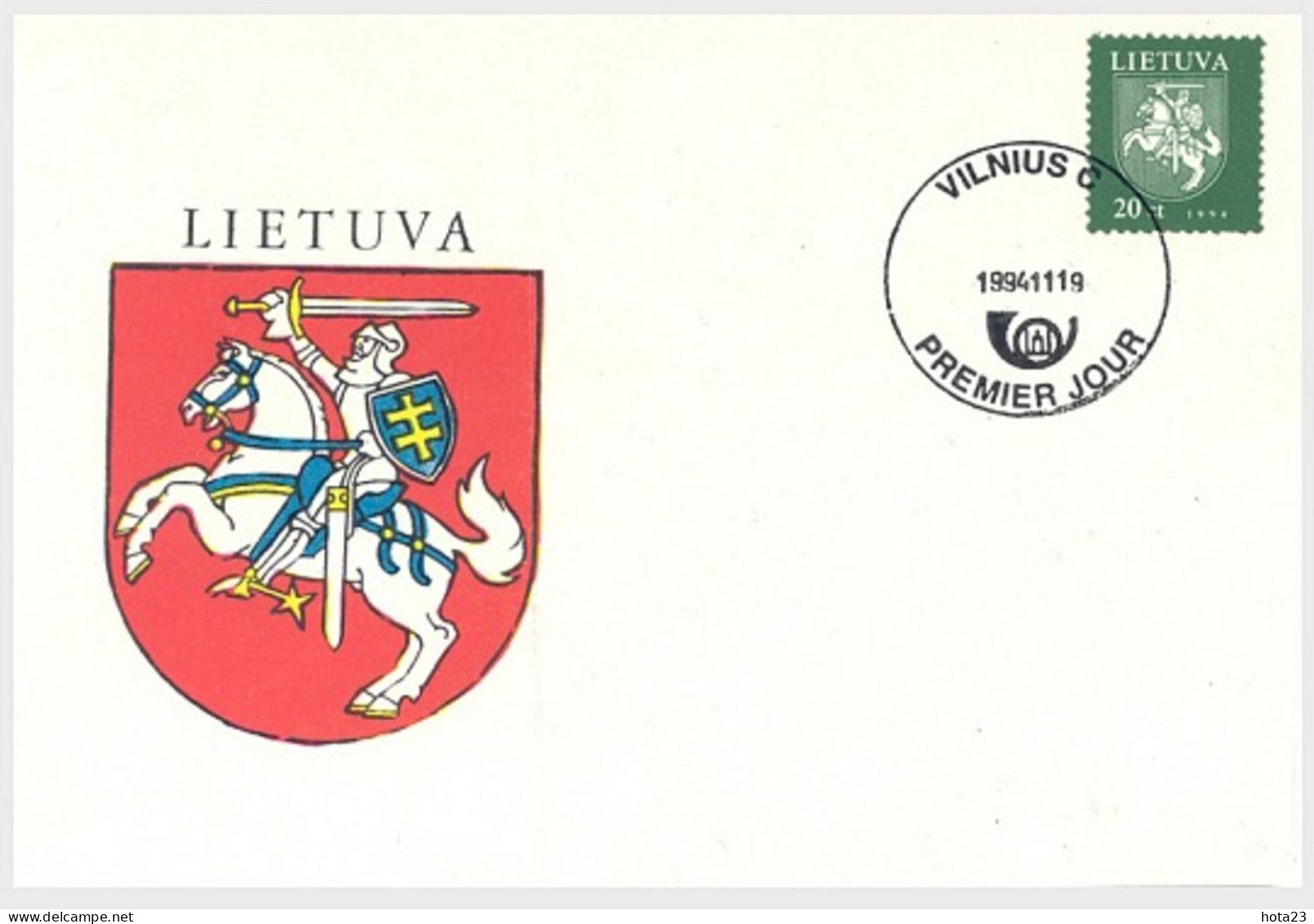 (!) LITHUANIA -MI 571 - Coat Of Arms 1994 Horseman Stamp 20 Ct - FDC - Litauen