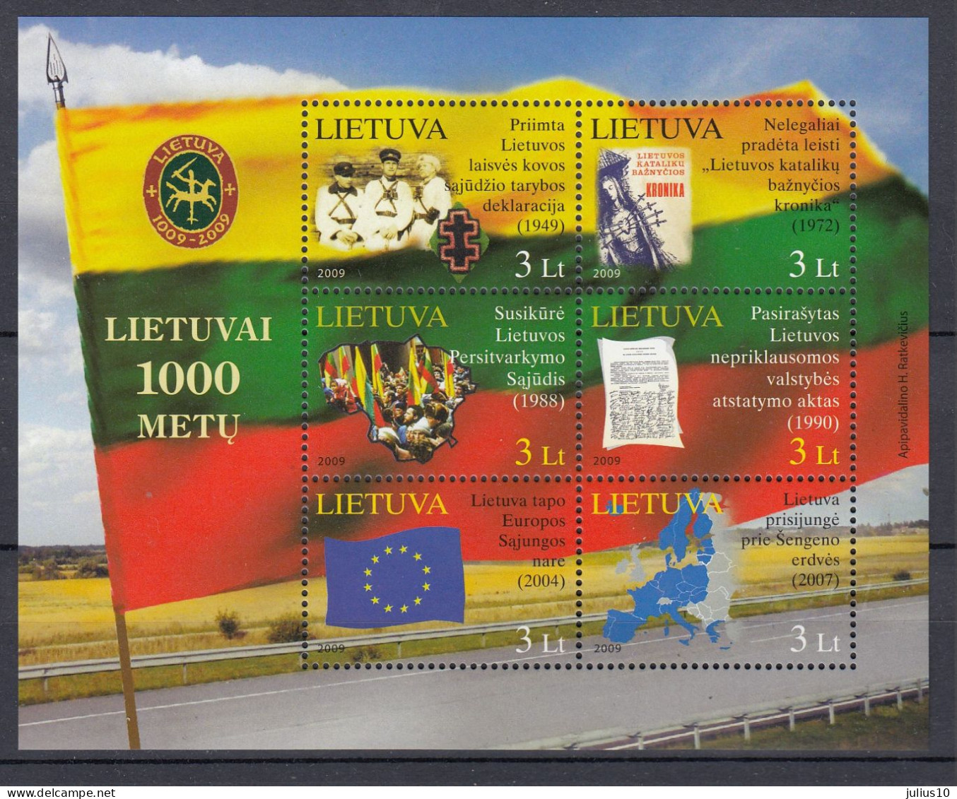 LITHUANIA 2009 Flag 1000th Anniversary MNH(**) Mi Bl 39 #Lt916 - Lithuania
