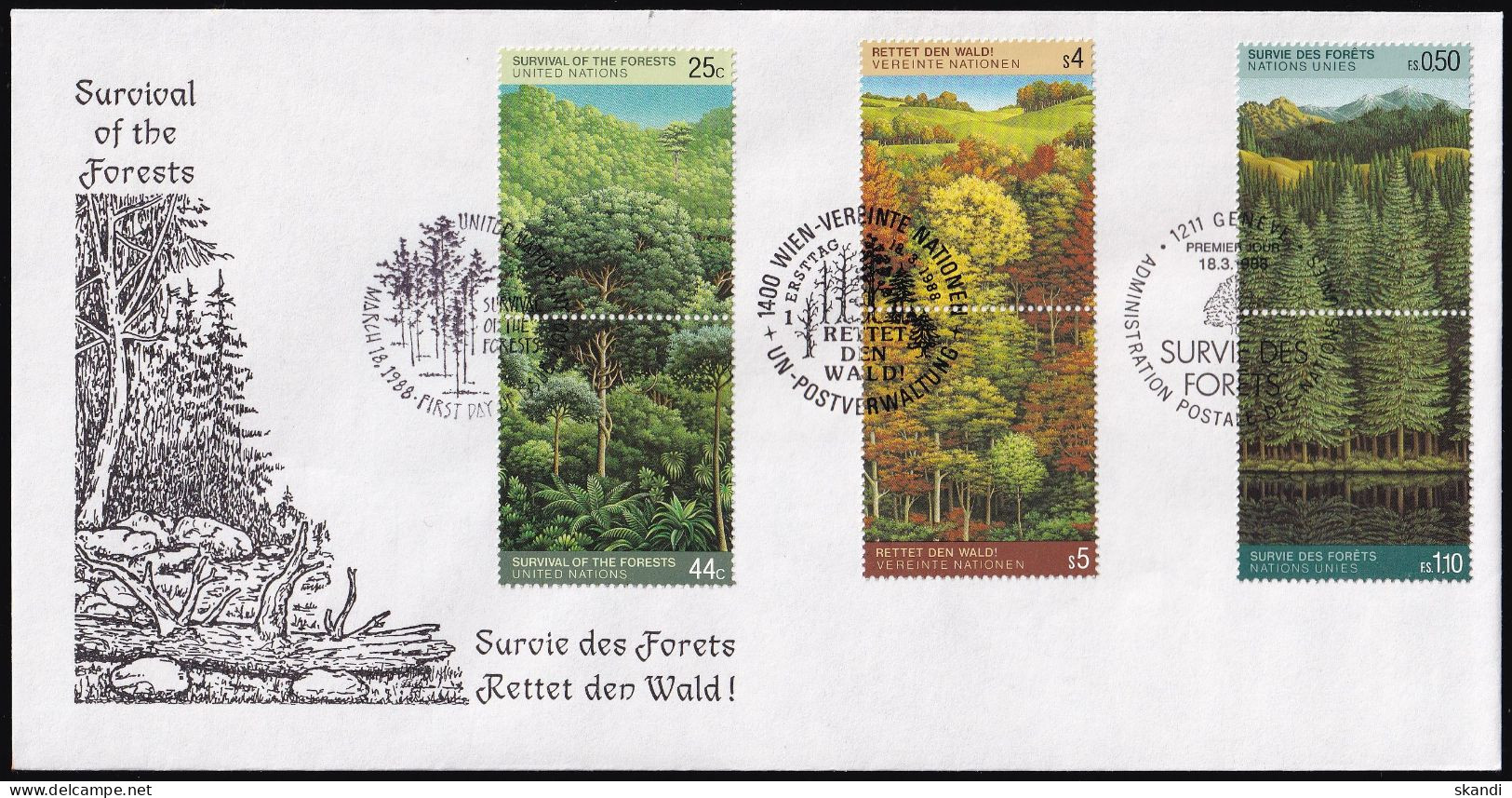 UNO NEW YORK - WIEN - GENF 1988 TRIO-FDC Rettet Den Wald - New York/Geneva/Vienna Joint Issues