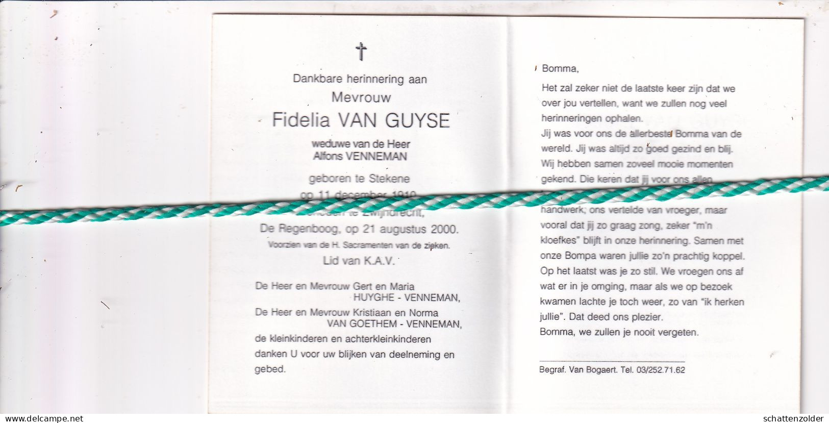 Fidelia Van Guyse-Venneman, Stekene 1910, Zwijndrecht 2000. Foto - Obituary Notices