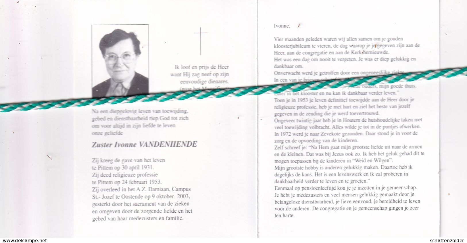 Zuster Ivonne Vandenhende, Pittem 1931, Oostende 2003. Foto - Décès