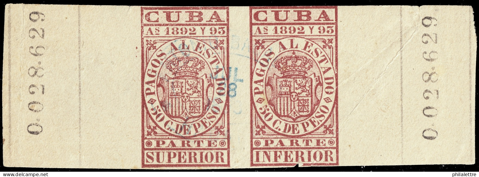 ESPAGNE / ESPANA - COLONIAS (Cuba) 1892/93 "PAGOS AL ESTADO" Fulcher 1116+1127 50c Sello Doble Usado (0.028.629) - Cuba (1874-1898)