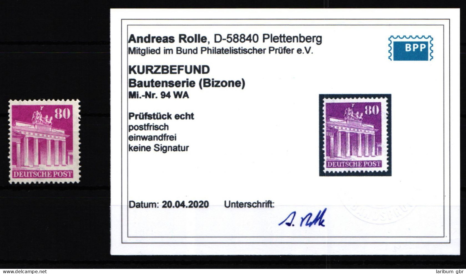 Alliierte Besetzung Bizone 94 W A Postfrisch Kurzbefund Rolle BPP #HN978 - Mint