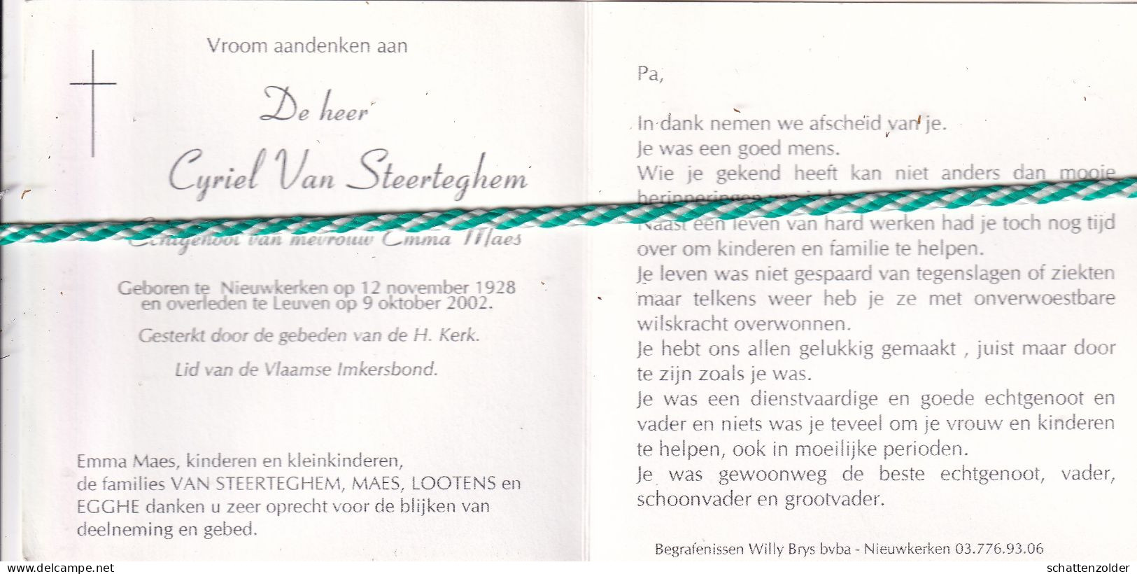 Cyriel Van Steerteghem-Maes, Nieuwkerken 1928, Leuven 2002. Foto - Overlijden