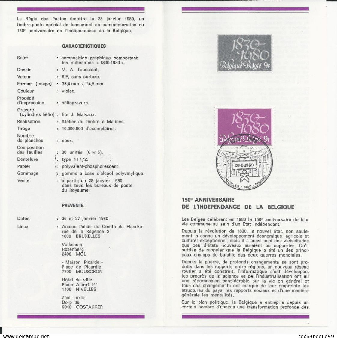Belgique Feuillet De La Poste 1980-1 FDC Cob 1961 150 Ans 1930-1980 26-01-1980 BRUXELLES - Post Office Leaflets