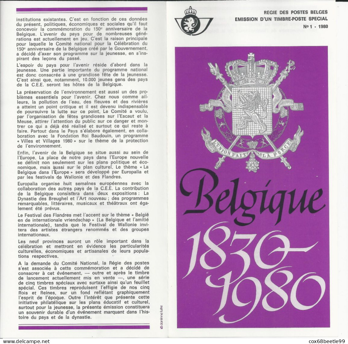 Belgique Feuillet De La Poste 1980-1 FDC Cob 1961 150 Ans 1930-1980 26-01-1980 BRUXELLES - Postkantoorfolders
