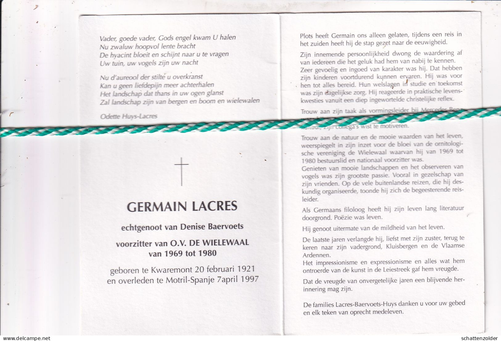 Germain Lacres-Baervoets, Kwaremont 1921, Motril-Spanje 1997. Voorzitter De Wielewaal 1969-1980; Foto - Obituary Notices