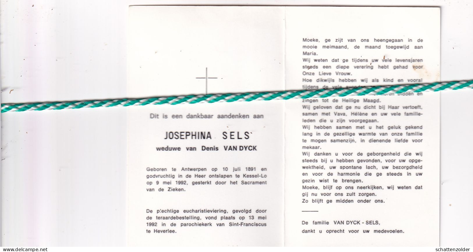 Josephina Sels-Van Dyck, Antwerpen 1891, Kessel-Lo 1992. Honderdjarige. Foto - Décès
