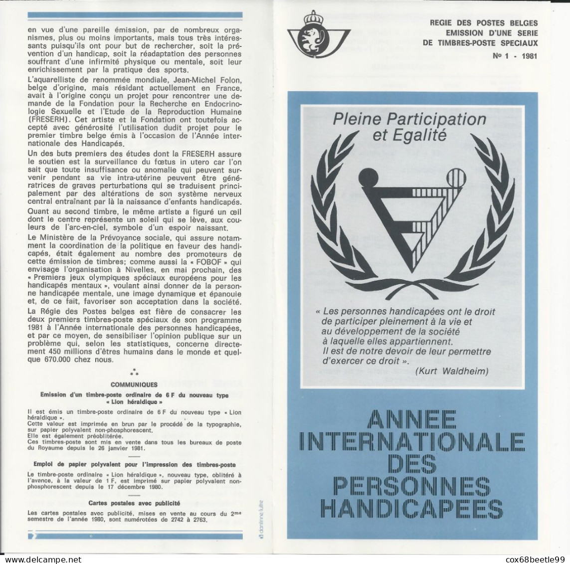 FOLON Belgique Feuillet De La Poste 1981-1 FDC Cob 1999/2000 07-02-1981 LIEGE - Post Office Leaflets