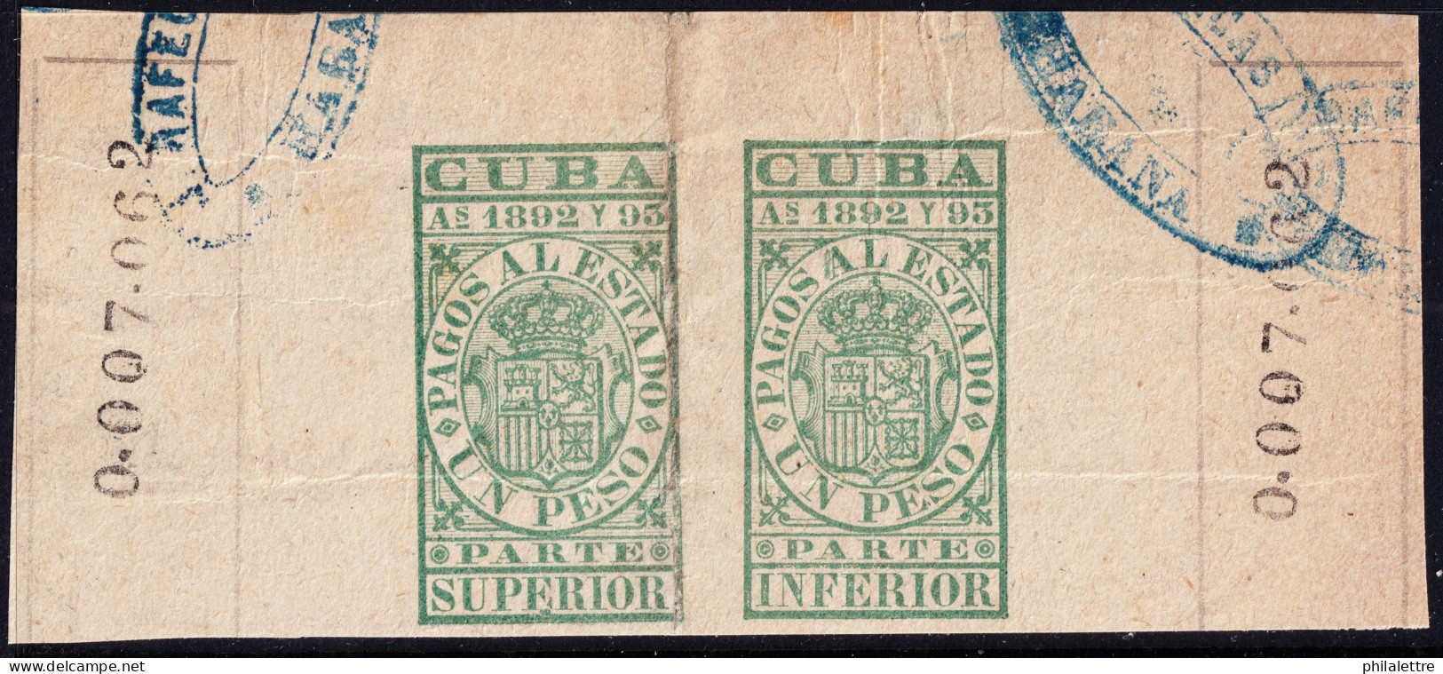 ESPAGNE / ESPANA - COLONIAS (Cuba) 1892/93 "PAGOS AL ESTADO" Fulcher 1117+1128 1P Sello Doble Usado (0.007.062) - Cuba (1874-1898)
