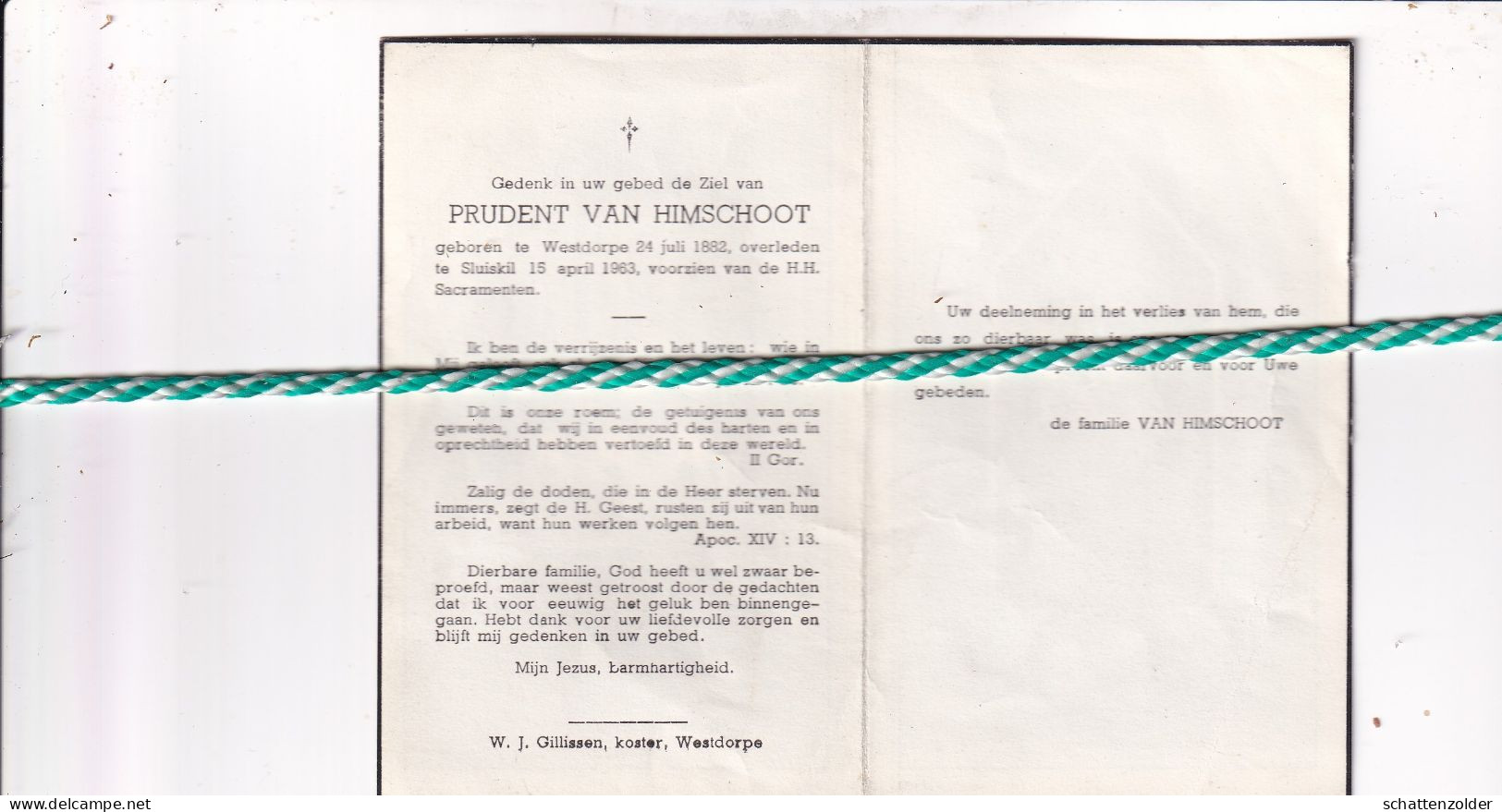 Prudent Van Himschoot, Westdorpe 1882,  Sluiskil 1963 - Obituary Notices