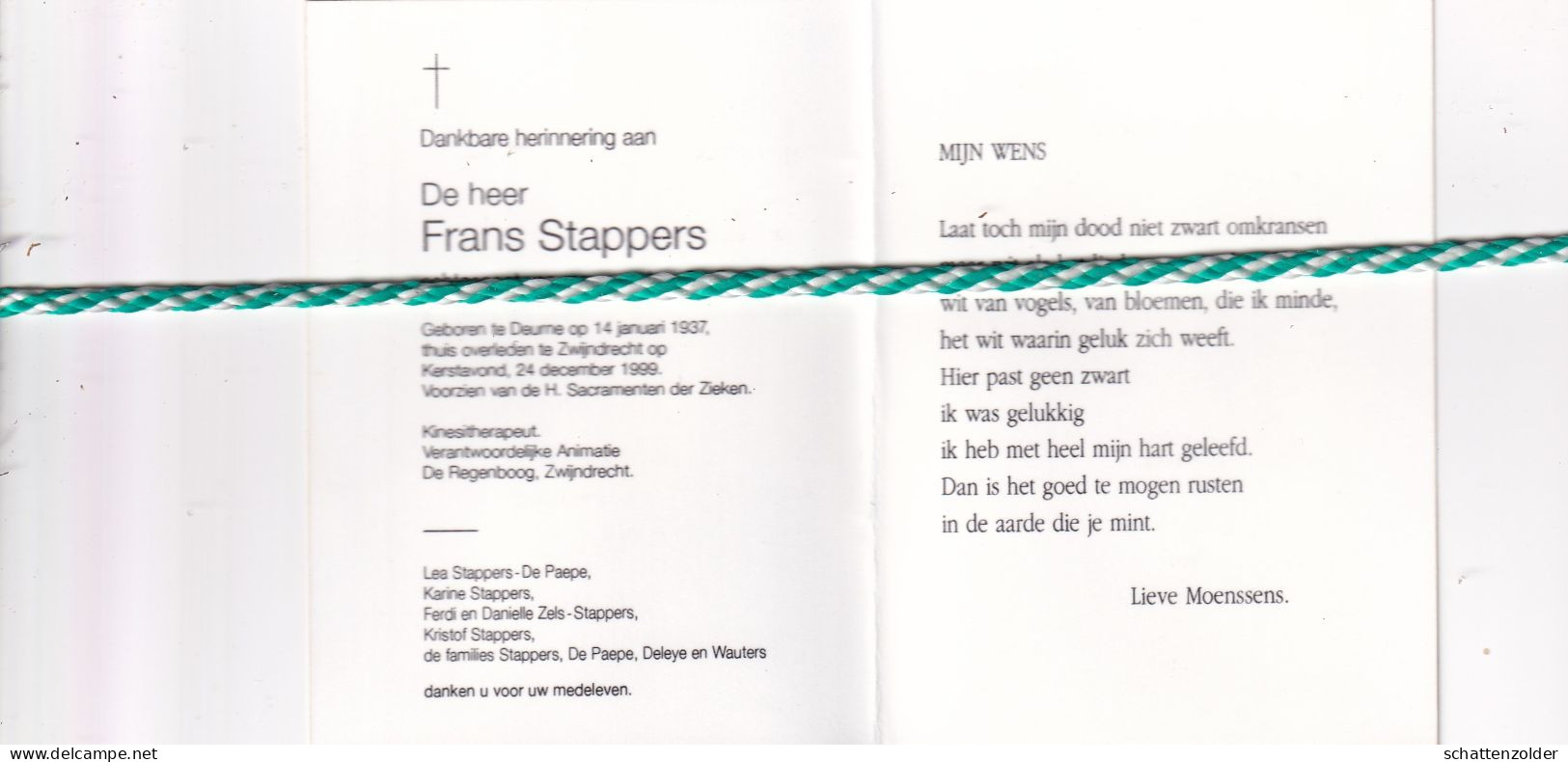 Frans Stappers-De Paepe, Deurne 1937, Zwijndrecht 1999. Kinisitherapeut. Foto - Obituary Notices