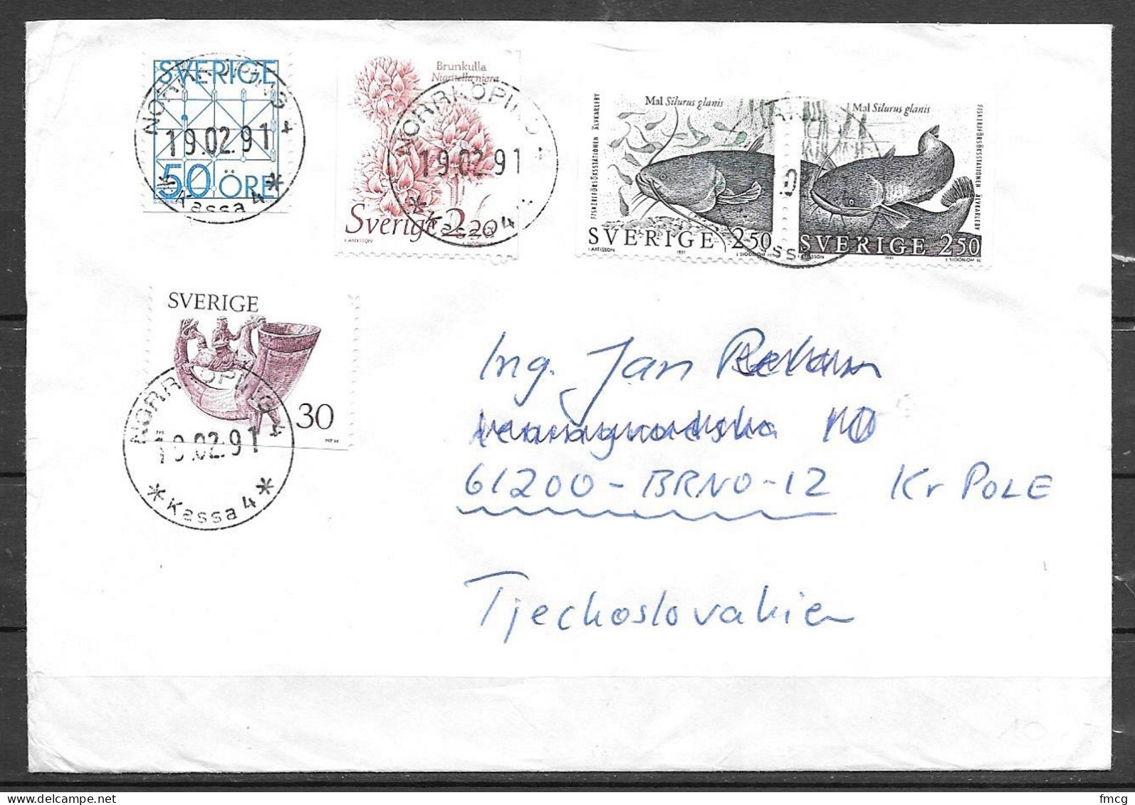 1991 Norrkoping (19.02.91) To Czechoslovakia, Five Different Stamps, Fish - Brieven En Documenten